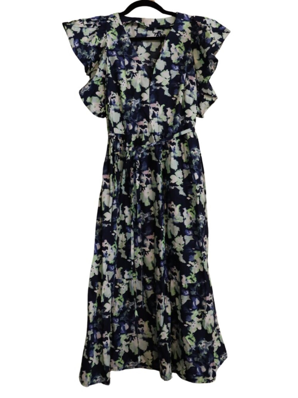 A New Day Flutter Short Sleeve Poplin Tiered Midi Dress Navy Floral M